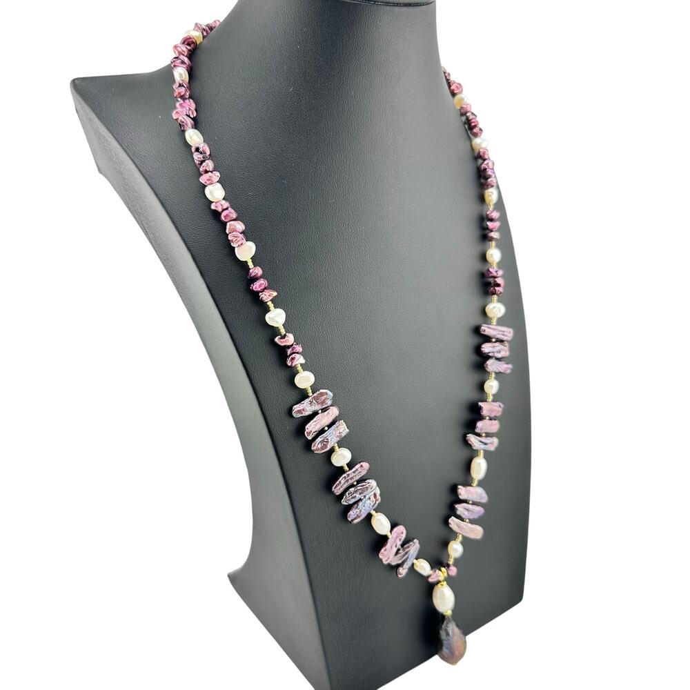 Handmade Upcycled Freshwater Biwa Baroque Purple Dyed Pearls 24" Necklace